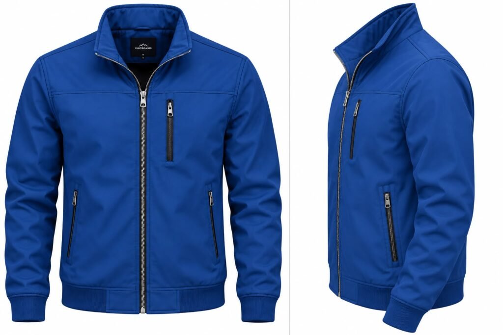 blue zip-up jacket